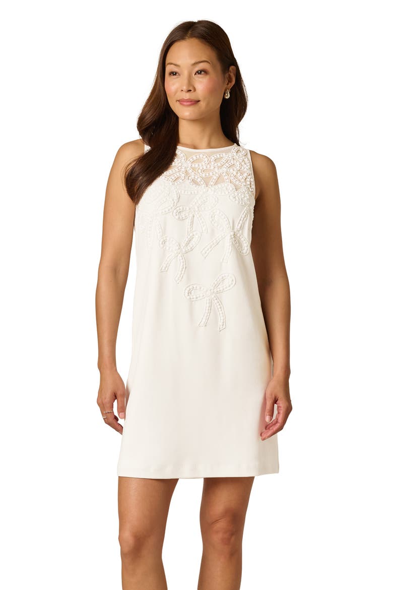 Beaded Bow Crepe Shift Dress, Alternate, color, IVORY