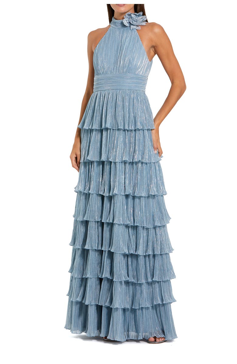 Mac Duggal Pleated Metallic Tiered Gown with 3D Flower, Main, color, Powder Blue