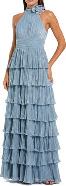 Mac Duggal Pleated Metallic Tiered Gown with 3D Flower