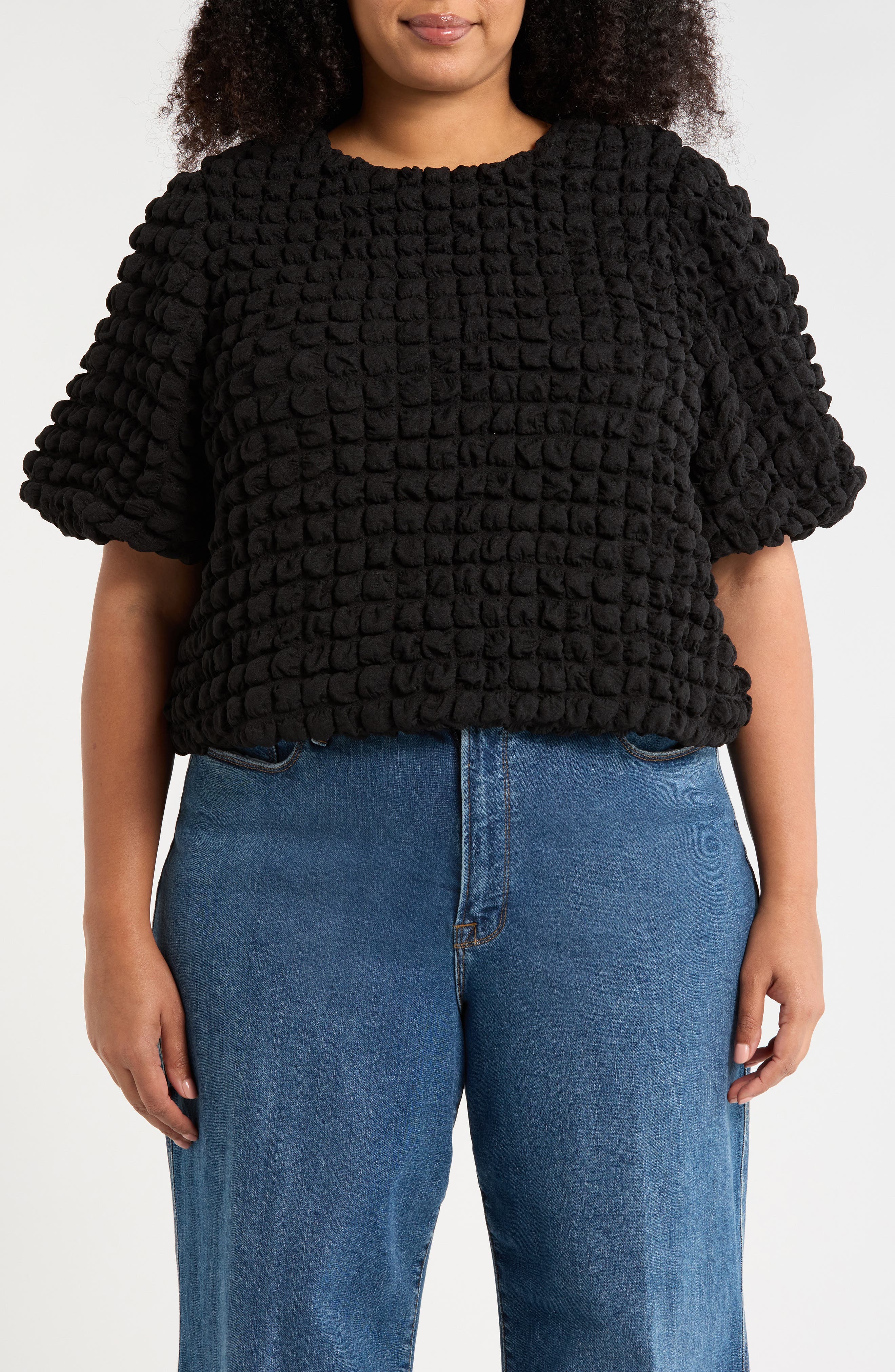Texture Puff Sleeve Crop Top