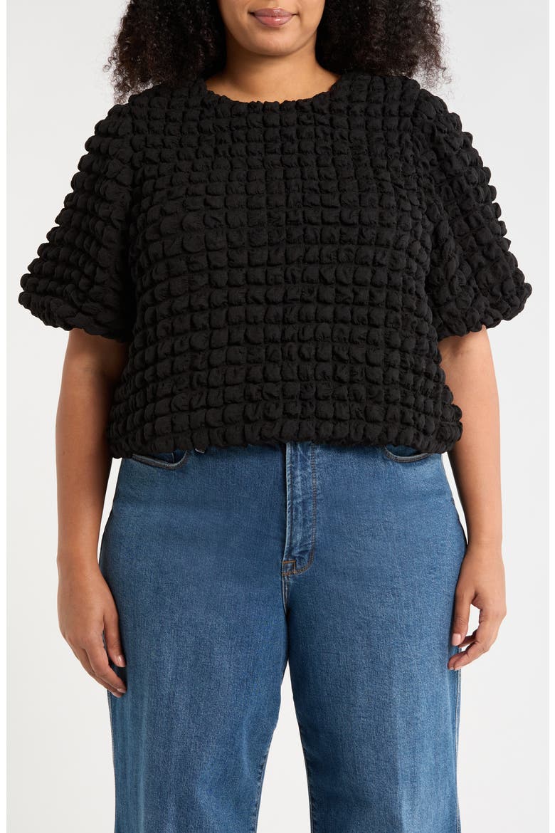Texture Puff Sleeve Crop Top, Main, color, BLACK