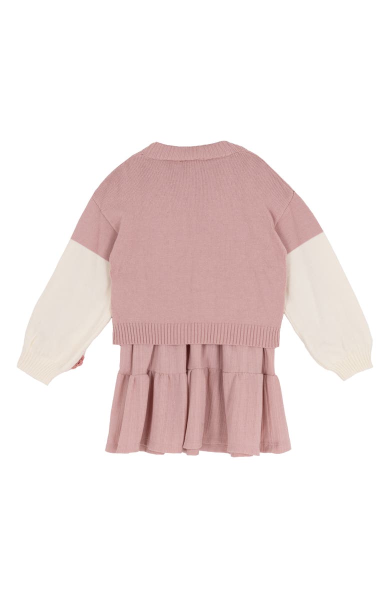 Rare Editions Kids' 3D Flower Cardigan & Long Sleeve Dress Set, Alternate, color, Blush