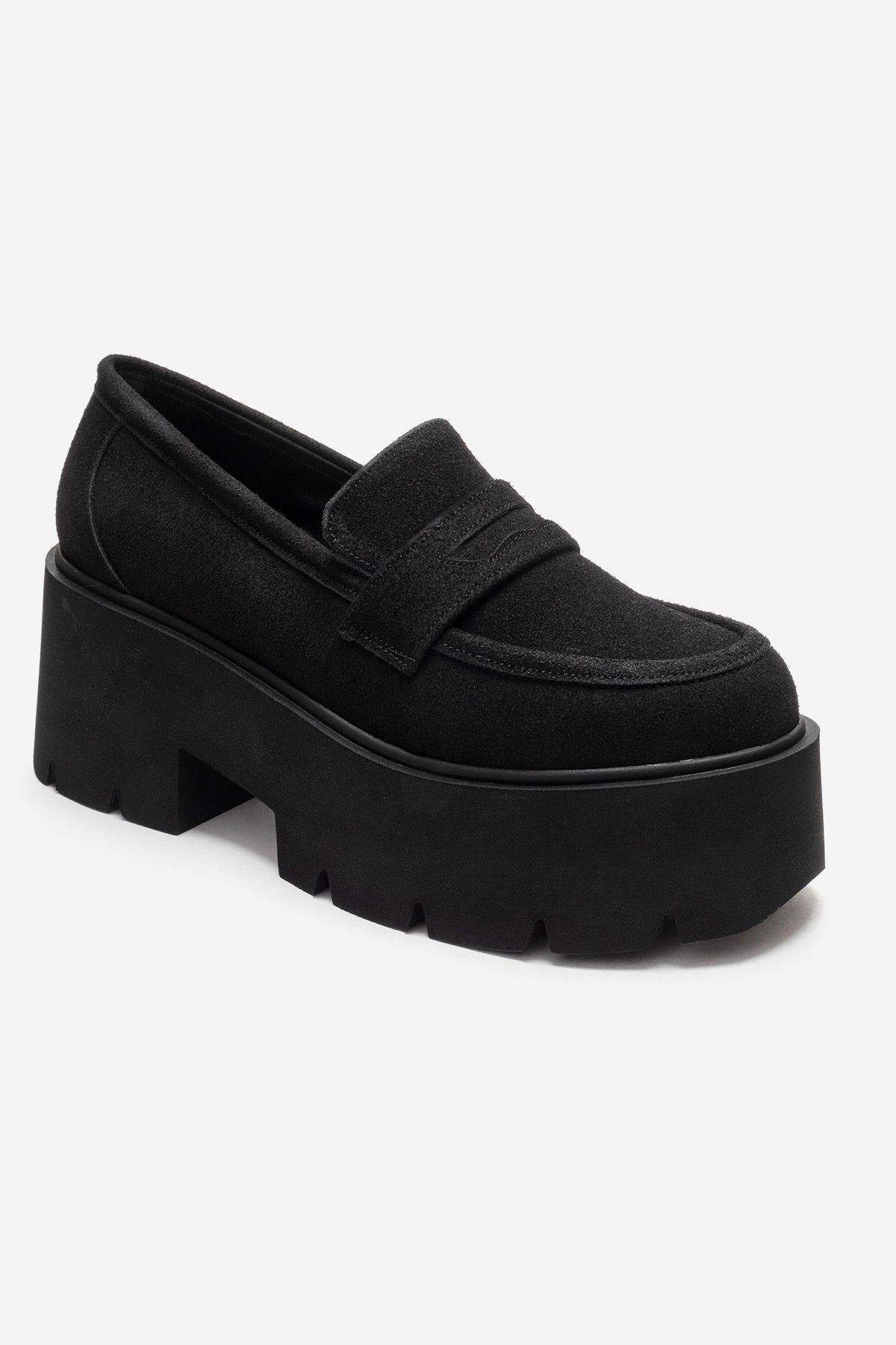 Prologue Shoes Santia Chunky Platform Loafer, Alternate, color, Black Suede