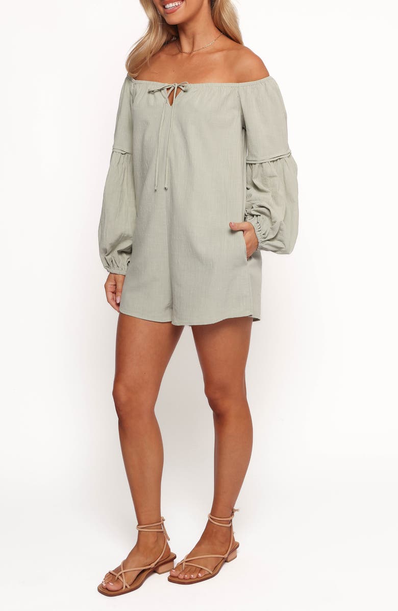 Petal & Pup Anette Off the Shoulder Long Sleeve Cotton Romper, Alternate, color, Sage