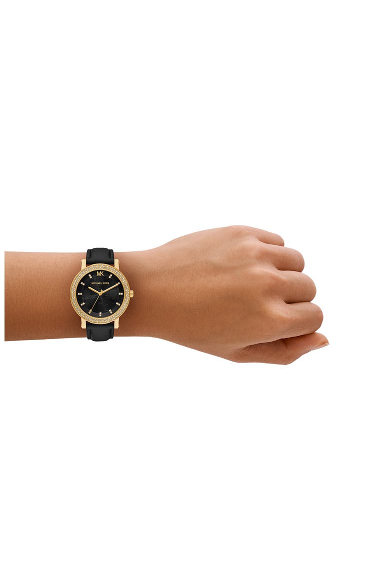 Corey Crystal Pavé Three-Hand Quartz Leather Strap Watch, 38mm, Alternate, color, GOLD