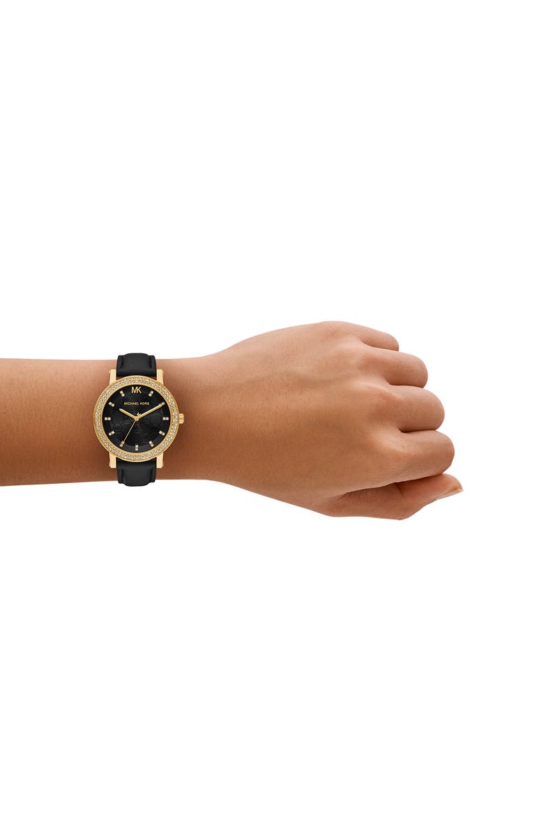 Michael Kors Corey Crystal Pavé Three-Hand Quartz Leather Strap Watch, 38mm, Alternate, color, Gold