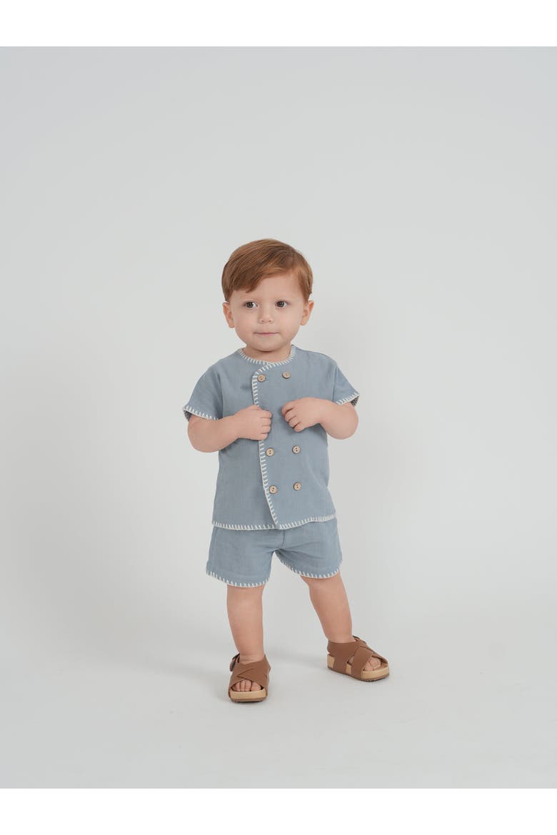 Double Breasted Cotton Linen Shirt and Shorts Set, Alternate, color, Blue