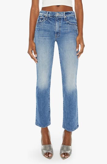 Mother The Mid Rise Dazzler Ankle Fray Riding The Cliffside Jeans In Metal Magic
