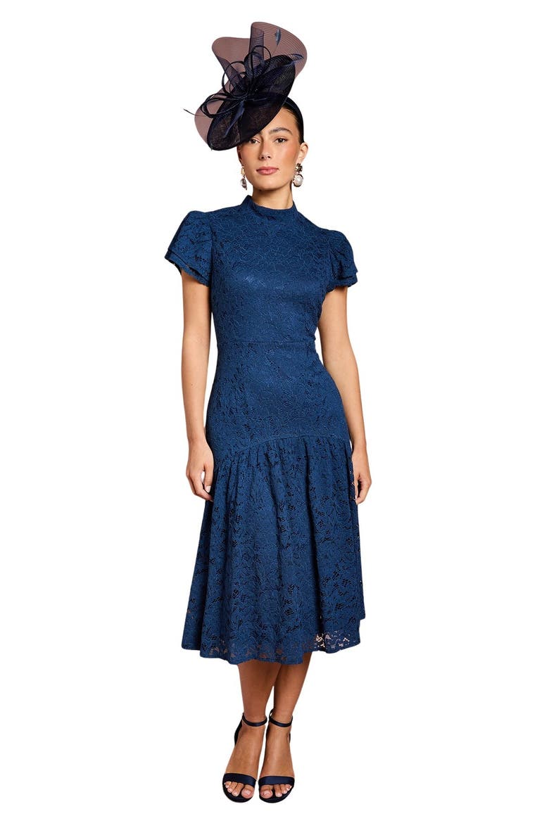 Lace Frill Sleeve High Neck Midi Dress, Main, color, Navy