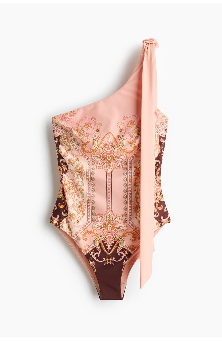 H&M Padded-cup One-shoulder Swimsuit, Main, color, Powder Pink/Paisley