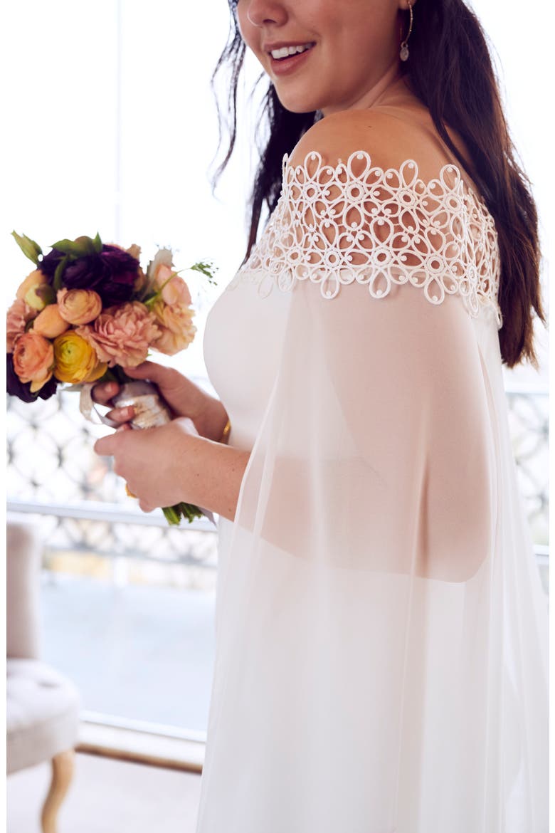 Danica Off the Shoulder Gown with Cape, Alternate, color, OFF WHITE