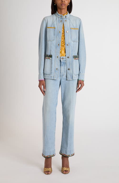 Valentino Embellished Printed Chiffon-trimmed Denim Jacket In Blue