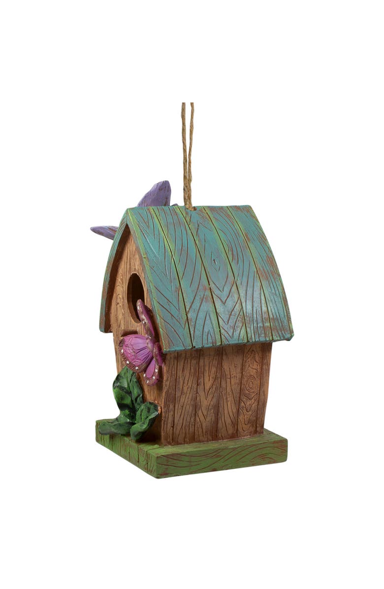 Northlight 10" Brown and Green Hanging Birdhouse with Butterflies Outdoor Garden Decor, Alternate, color, Brown