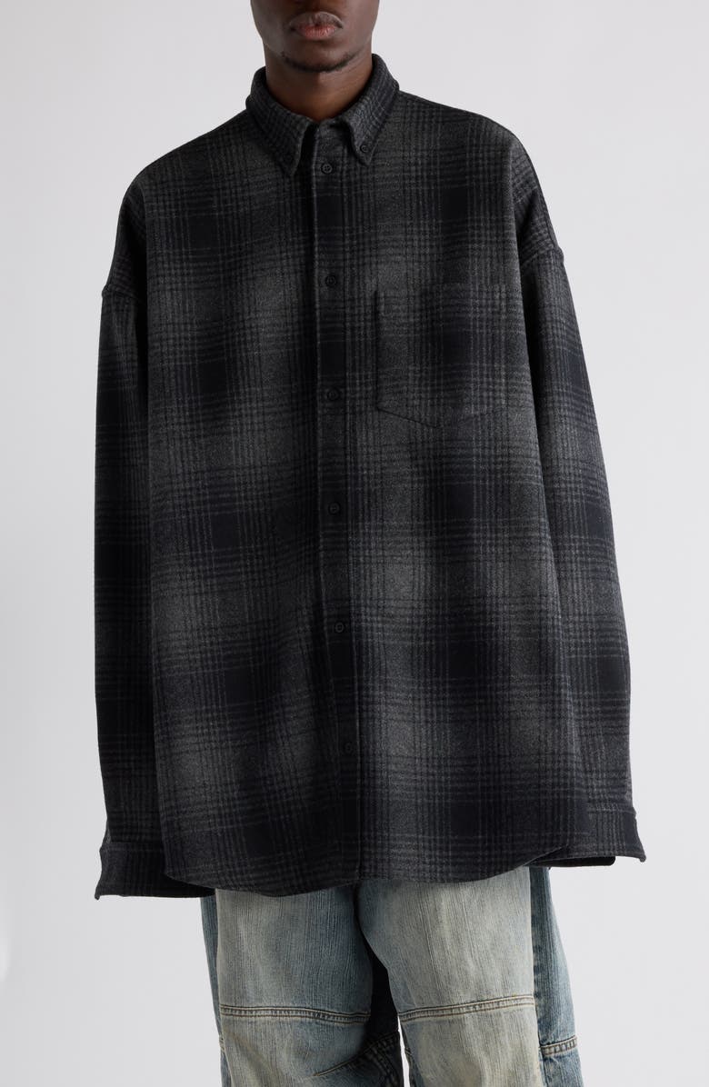 Balenciaga Oversize Plaid Wool Blend Flannel Button-Down Shirt, Main, color, 1262 Grey/ Black