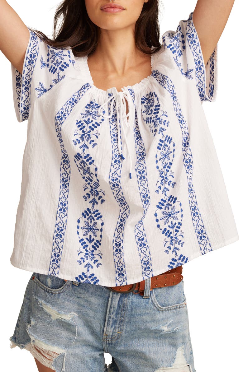 Lucky Brand Floral Embroidered Short Sleeve Cotton Peasant Top, Main, color, 