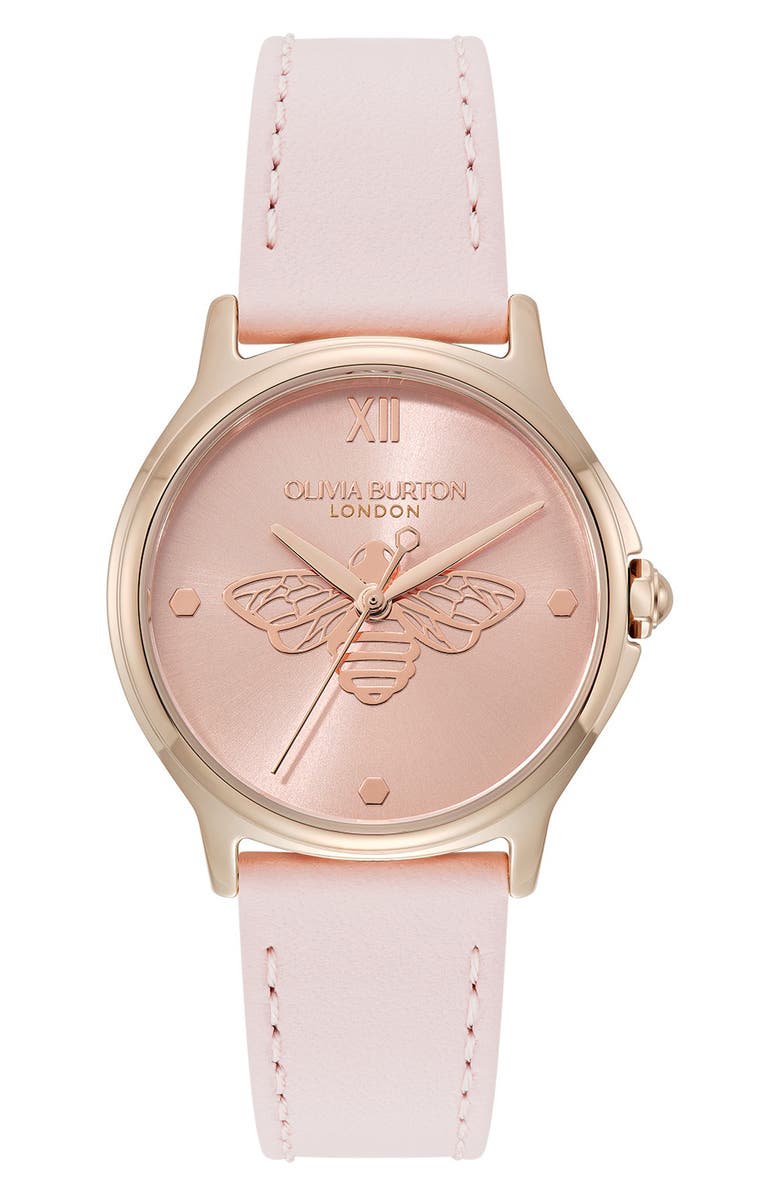 Olivia Burton Classic Bee Leather Strap Watch, 30mm, Main, color, 