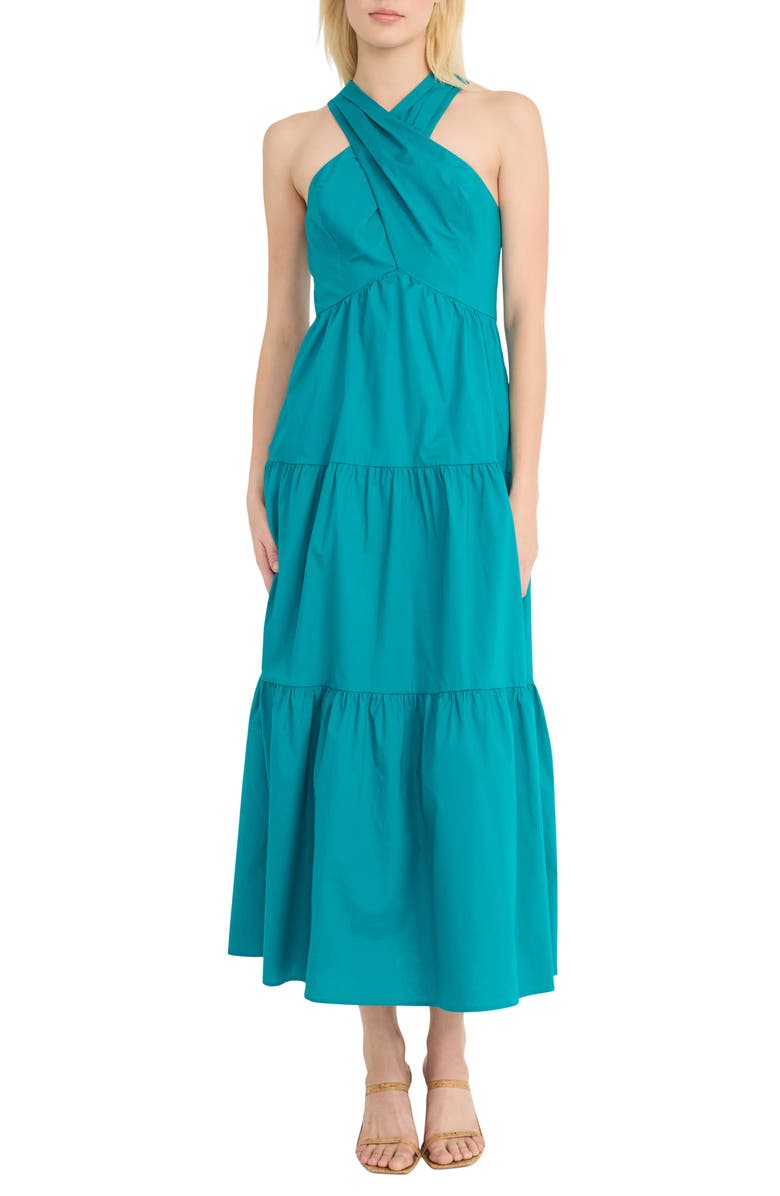 Donna Morgan Tiered Stretch Poplin Maxi Dress, Main, color, 