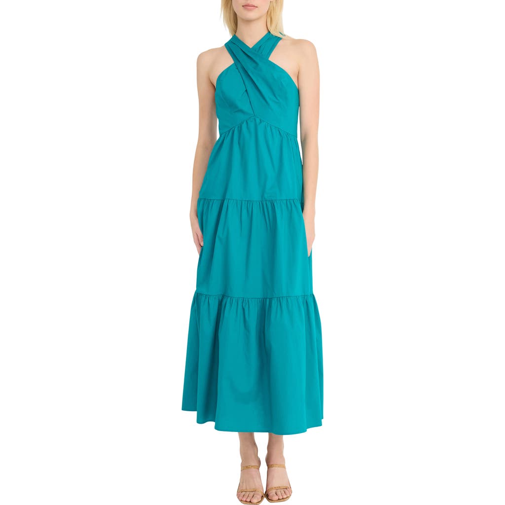 Donna Morgan Tiered Stretch Poplin Maxi Dress In Blue Grass