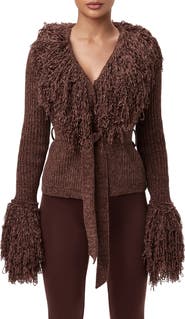 Naked Wardrobe Fringe Tie Waist Chenille Cardigan