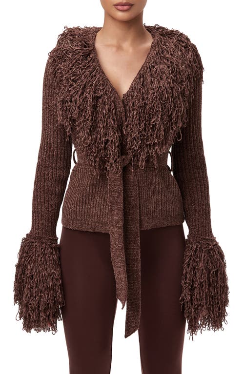 Naked Wardrobe Fringe Tie Waist Chenille Cardigan In Brown