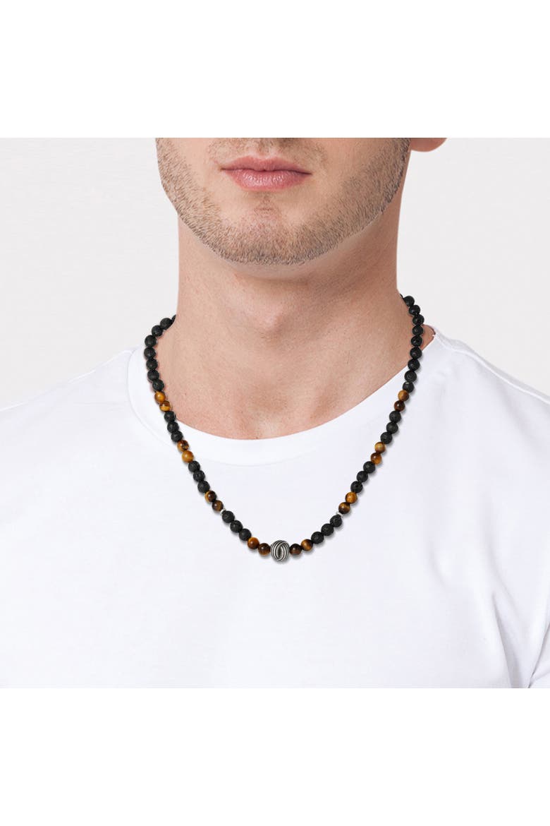 Men's Lava Rock & Tiger Eye Beaded Necklace, Silver-Tone Center Bead, Alternate, color, Black