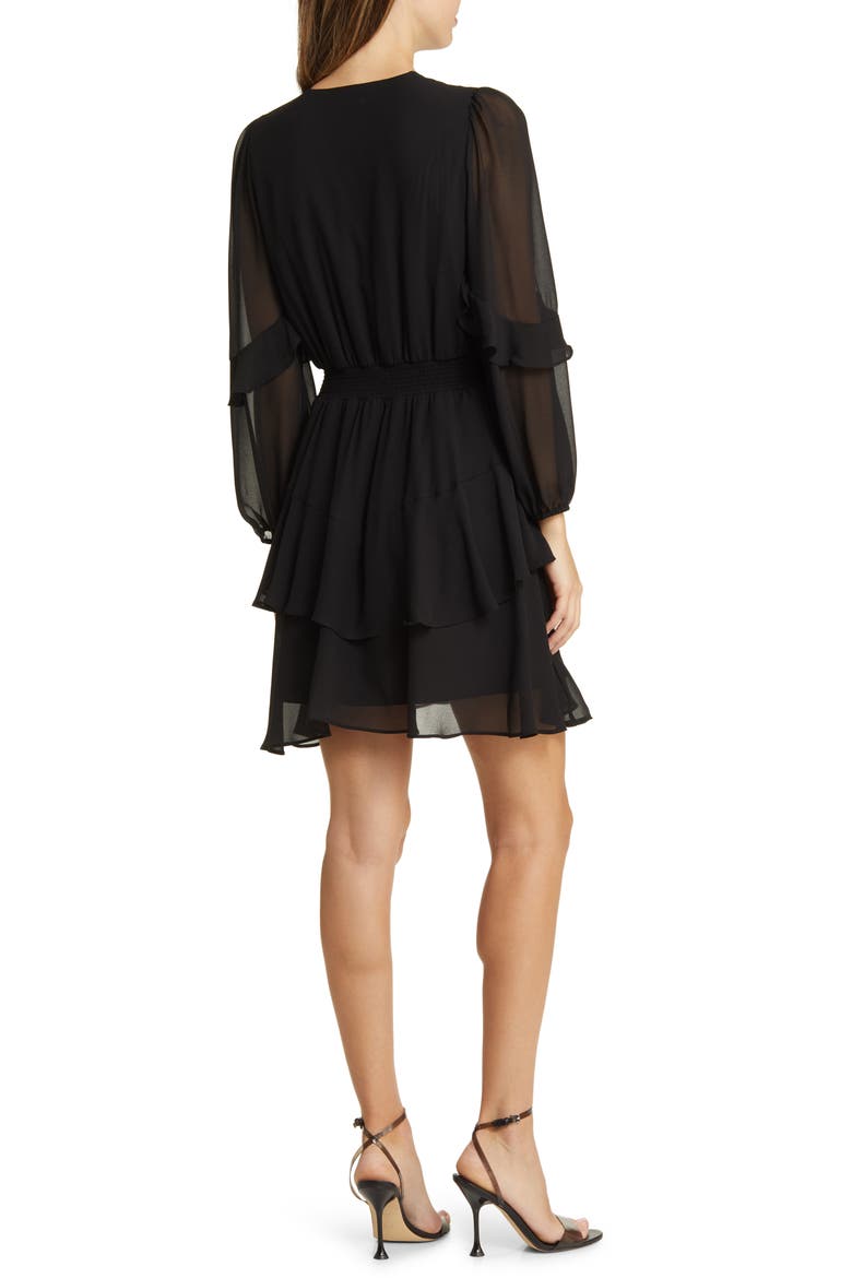 Tiered Long Sleeve Georgette Minidress, Alternate, color, BLACK