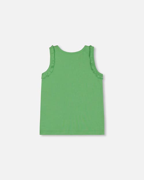 Deux Par Deux Girl's Organic Cotton Tank With Frills Flowers On Green Background In Flowers On Green Background