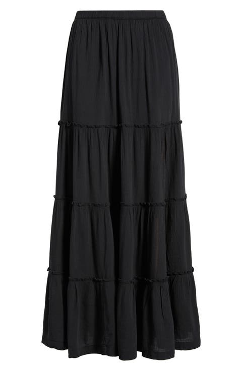 Tiered Linen Blend Crinkled Gauze Maxi Skirt