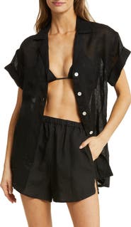 Vitamin A® Playa Pocket Linen Cover-Up Button-Up Shirt