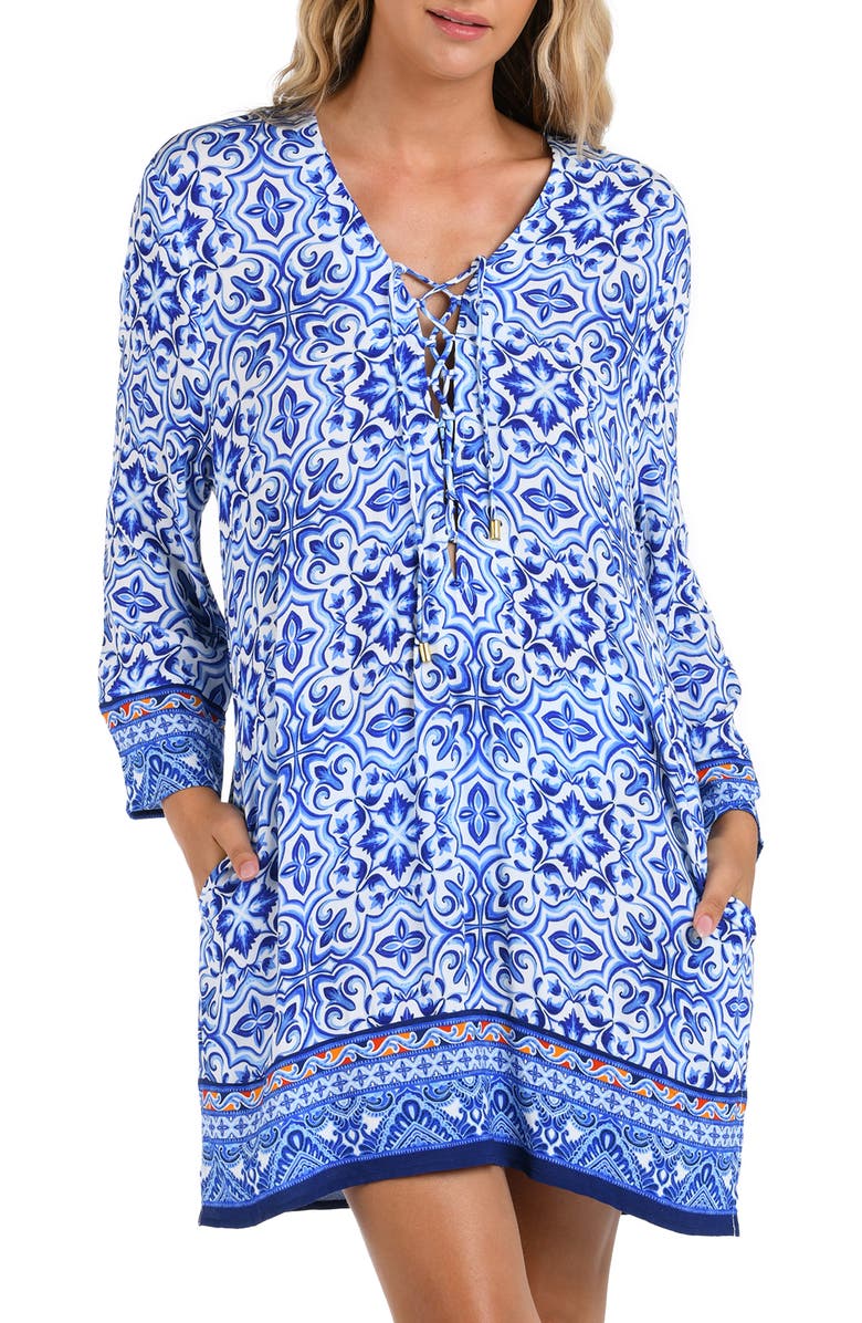 La Blanca Alboran Lace-Up Long Sleeve Cover-Up Tunic, Main, color,