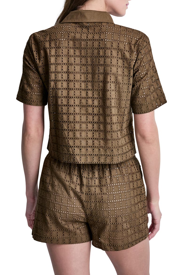 Short Sleeve Eyelet Johnny Collar Top, Alternate, color, MOCHA