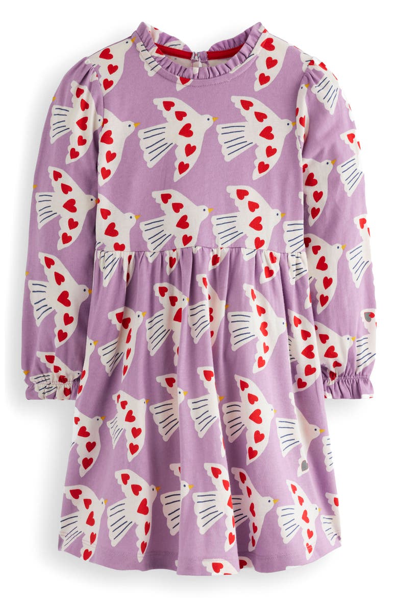 Kids' Love Birds Print Long Sleeve Cotton Jersey Dress, Main, color, PURPLE LOVE BIRDS