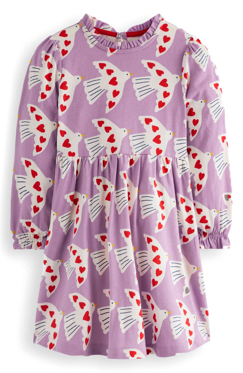Mini Boden Kids' Love Birds Print Long Sleeve Cotton Jersey Dress, Main, color, Purple Love Birds