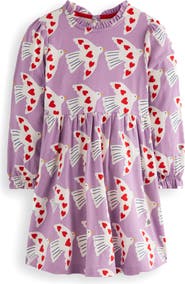 Mini Boden Kids' Love Birds Print Long Sleeve Cotton Jersey Dress