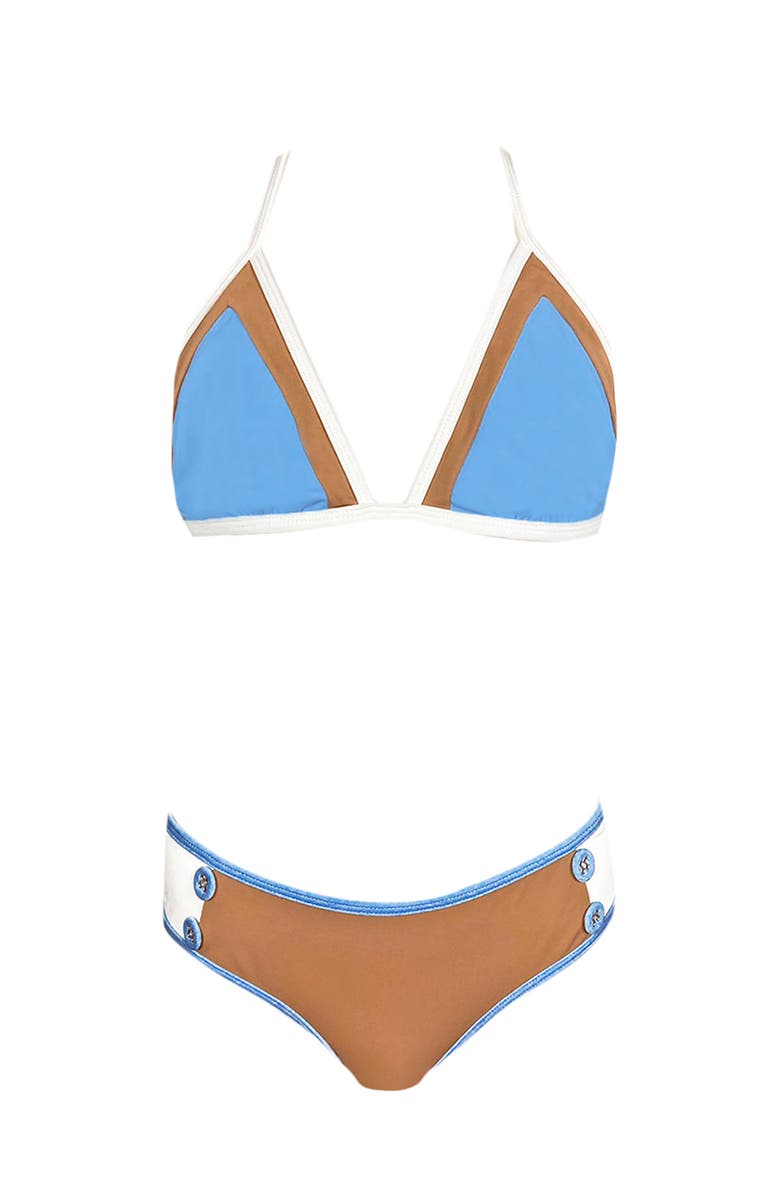 NESSI BYRD Kids' Double Tone Triangle Two Piece Bikini, Big Kid, Main, color, Blue-Brown