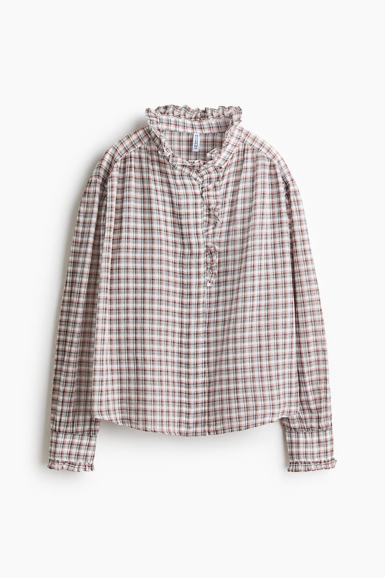 Ruffle-Trimmed Blouse, Alternate, color, Cream/checked