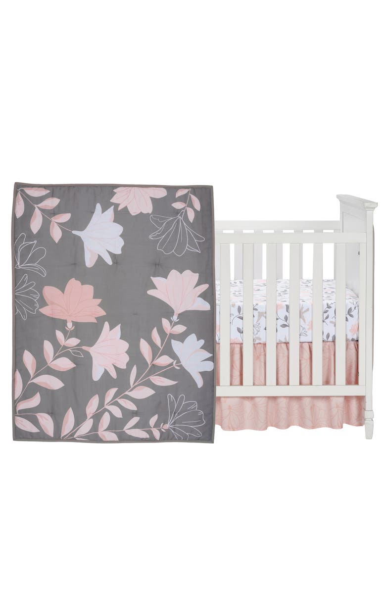 Lambs & Ivy Petals Sateen Cotton Floral 3-Piece Baby Crib Bedding Set, Main, color, Gray