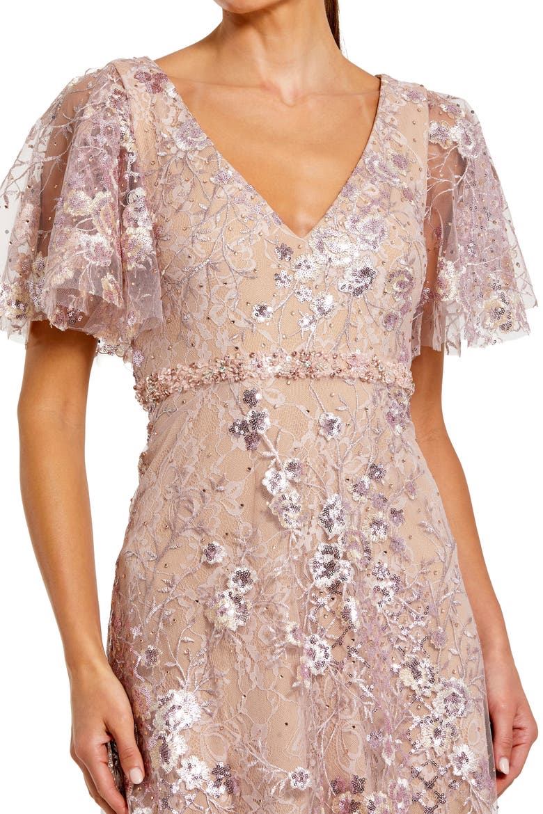 Lace Embellished Flutter Sleeve A-Line Gown, Alternate, color, Rose Pink