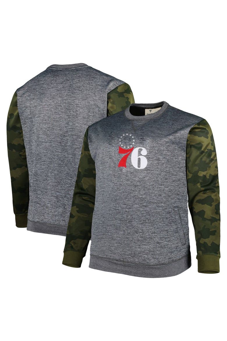 Men's Fanatics Branded Heather Charcoal Philadelphia 76ers Big & Tall Camo Stitched Sweatshirt, Main, color, Heather Charcoal