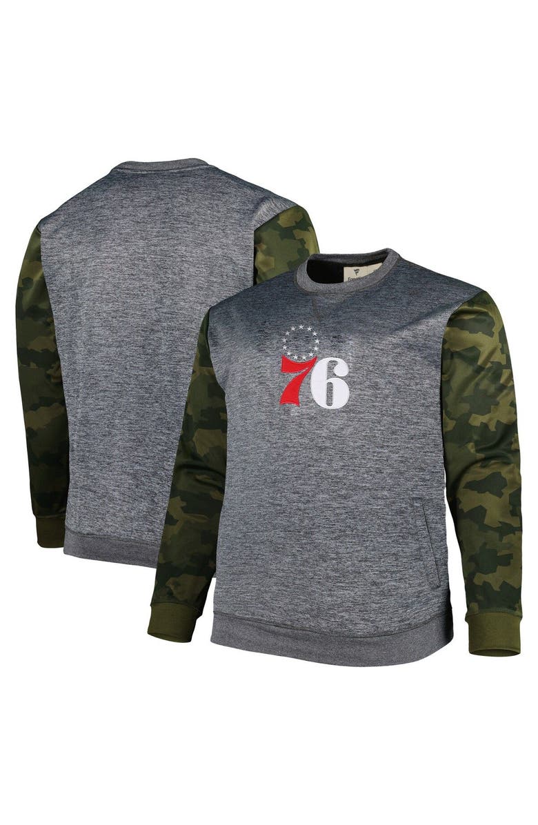 FANATICS Men's Fanatics Branded Heather Charcoal Philadelphia 76ers Big & Tall Camo Stitched Sweatshirt, Main, color, Heather Charcoal