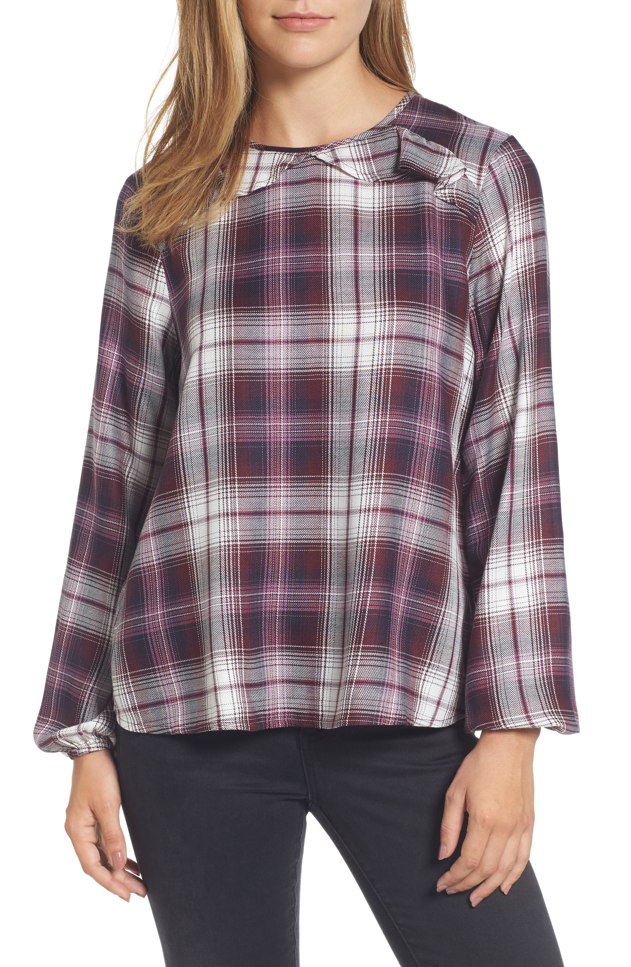 Bobeau Plaid Ruffle Top in Purple Plaid 