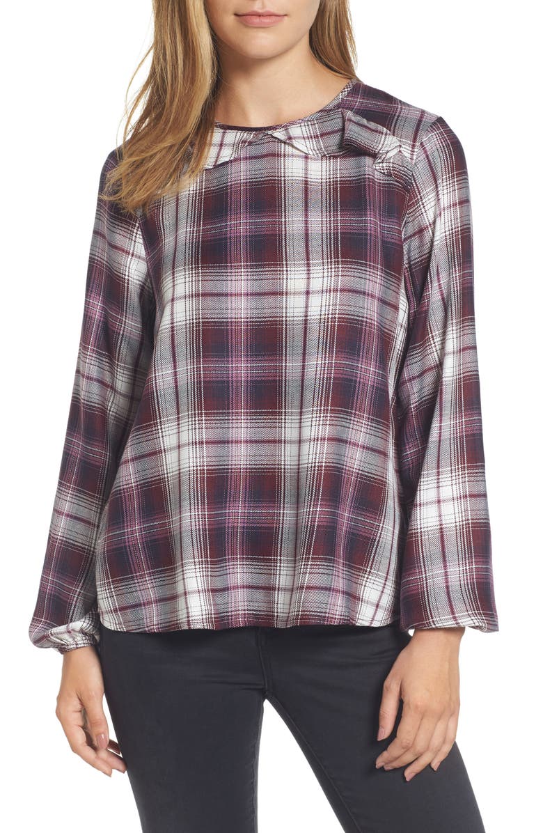Bobeau Plaid Ruffle Top, Main, color, Purple Plaid