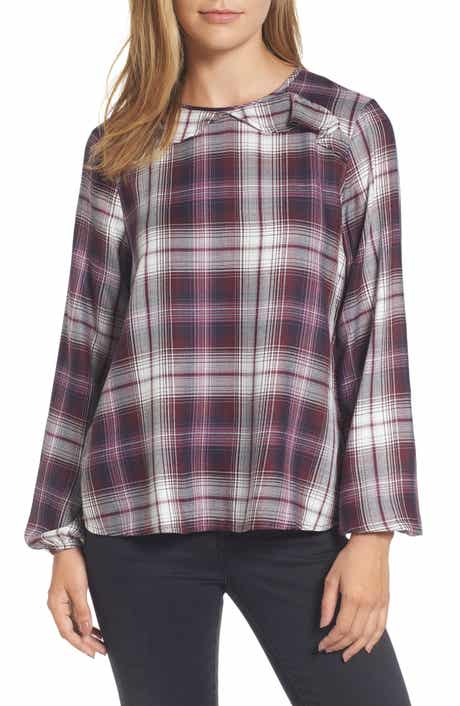 Bobeau Plaid Ruffle Top