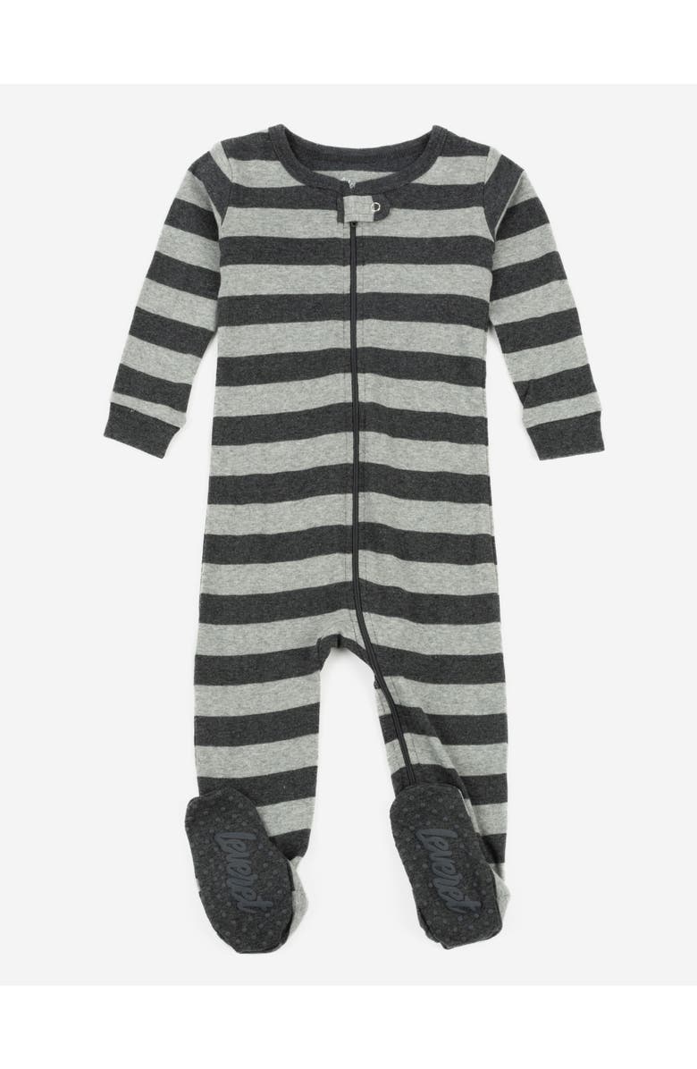 Leveret Footed Printed Cotton Pajamas, Solids, Stripes & Tie Dye, Main, color, Striped Dark Gray & Light Gray