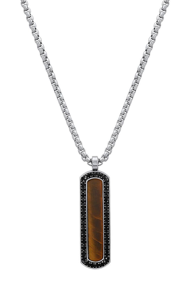 HMY JEWELRY Men's Stainless Steel Tiger's Eye & Crystal Dog Tag Pendant Necklace, Main, color, Brown/ Black/ Silver