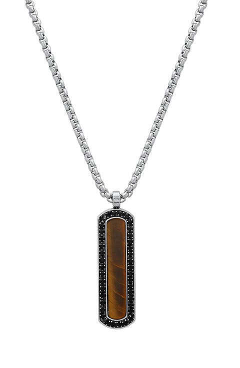 Men's Stainless Steel Tiger's Eye & Crystal Dog Tag Pendant Necklace