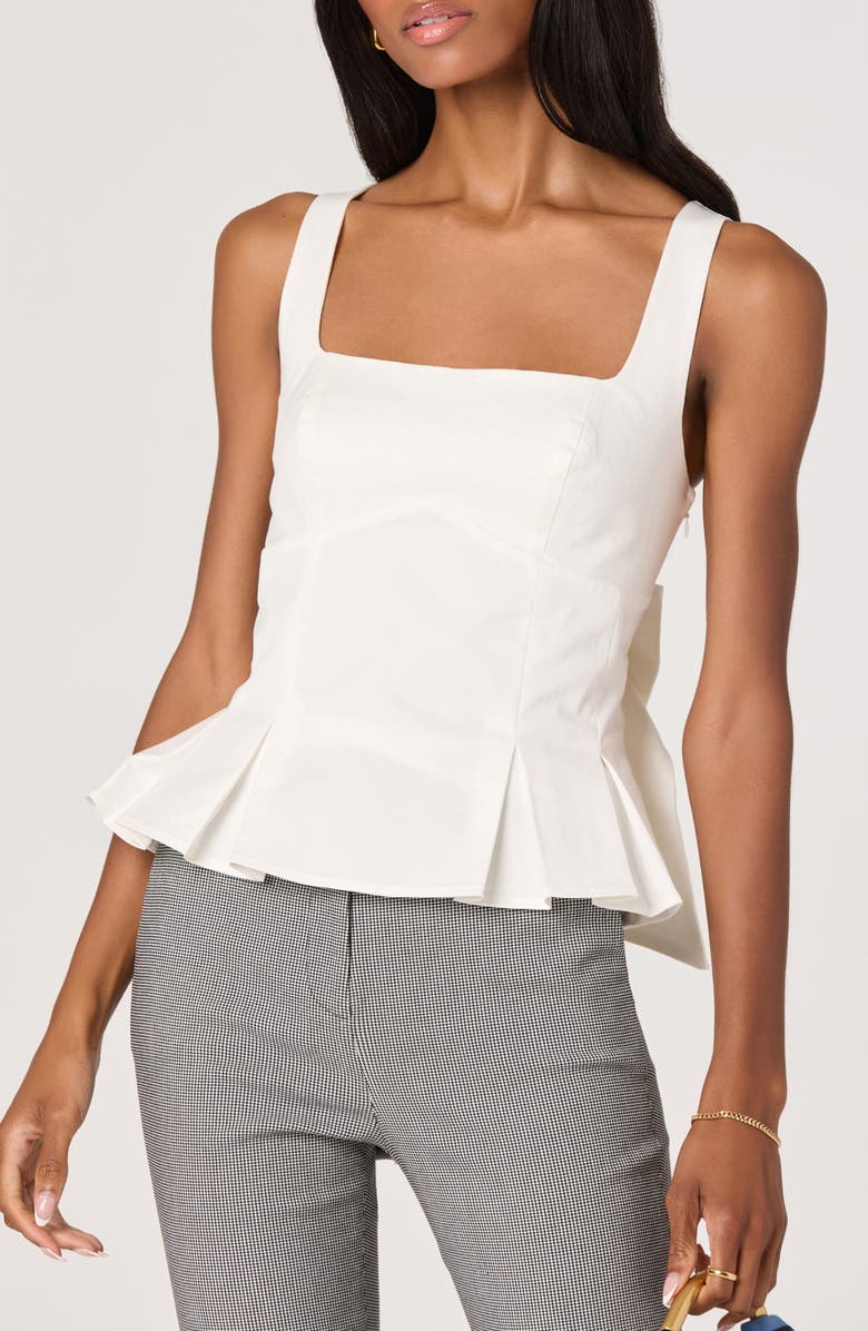 ASTR the Label Viki Back Bow Stretch Cotton Peplum Top, Main, color, White