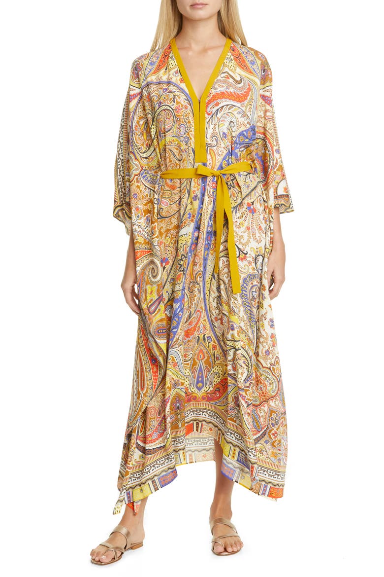 Belted Paisley Cover-Up Caftan, Main, color, BEIGE