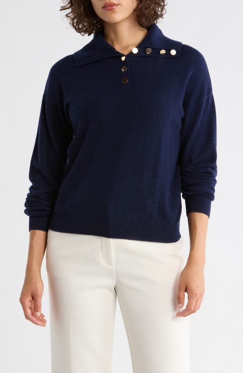 Half Button Placket Wool & Cashmere Blend Sweater