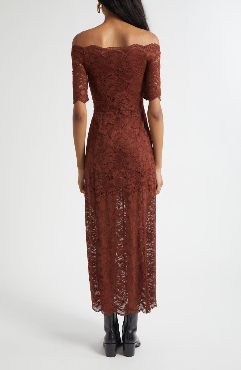 Rabanne Twist Front Off the Shoulder Lace Midi Dress, Alternate, color, Cinamon Brown